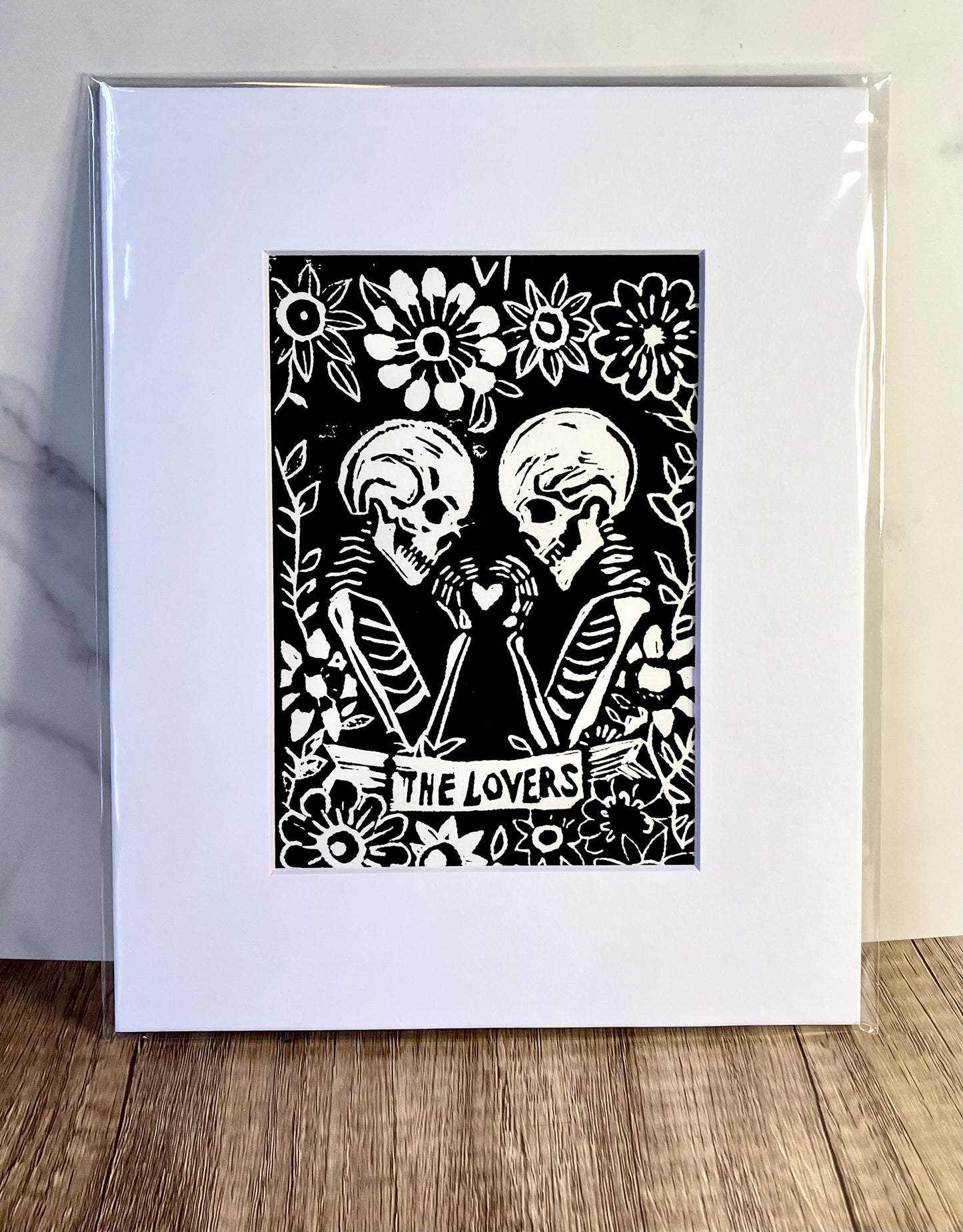 Hand-pulled linocut print - Floral Skeleton Lovers