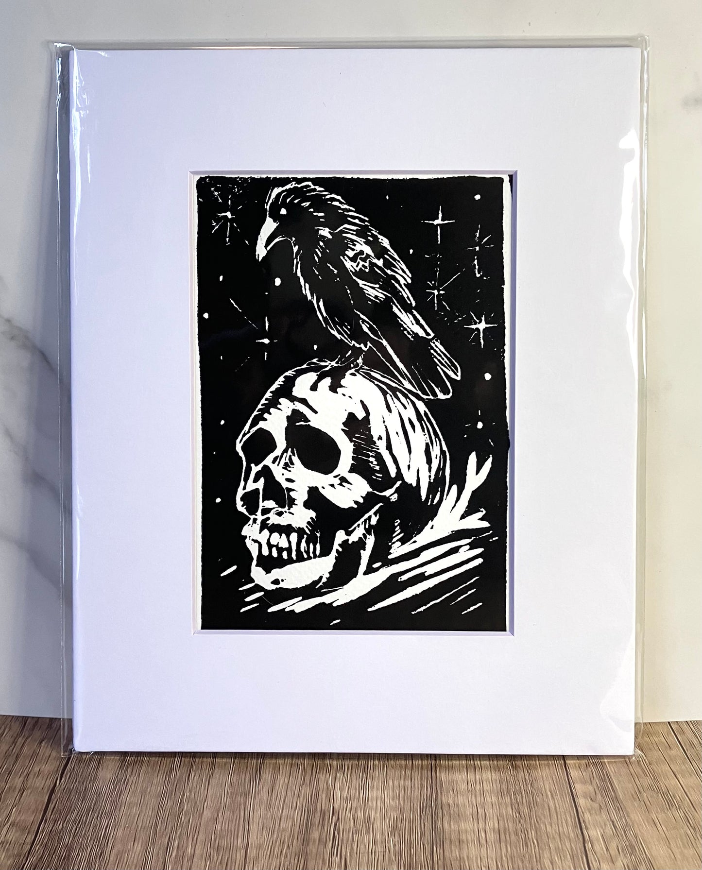 Hand-pulled linocut print - Raven & Skull