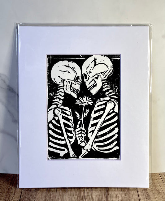 Hand-pulled linocut print - Skeleton Lovers