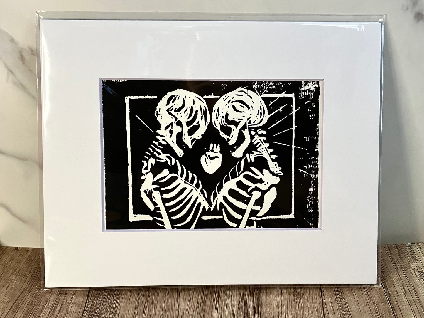 Hand-pulled linocut print - Skeleton Lovers with Heart