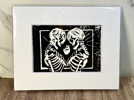 Hand-pulled linocut print - Skeleton Lovers with Heart