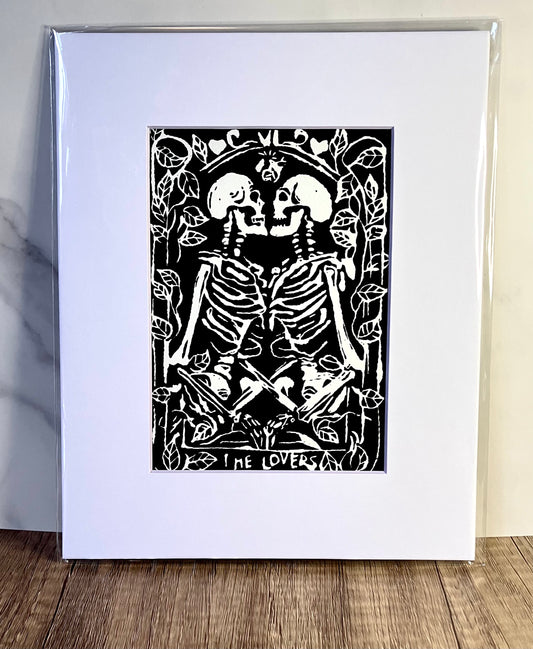 Hand-pulled linocut print - Entwined Skeleton Lovers