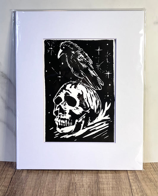 Hand-pulled linocut print - Raven & Skull